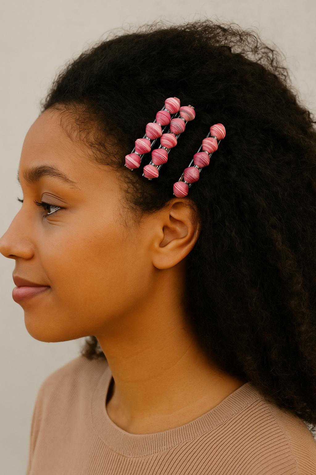 Haitian Pink Bead Hair Clips – Upcycled Beaded Barrette Set