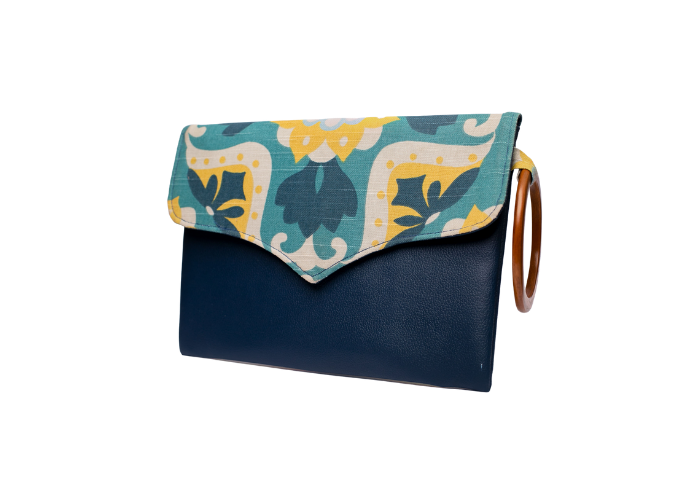 Blue Handmade Women Clutch Purse Leather Envelop with Flower Pattern on Cover