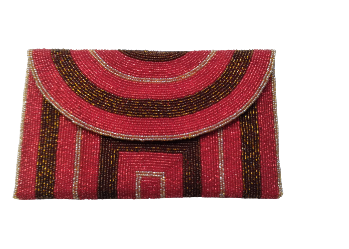 Red Handmade Women Clutch Purse Made of Beads With Triangle Cover