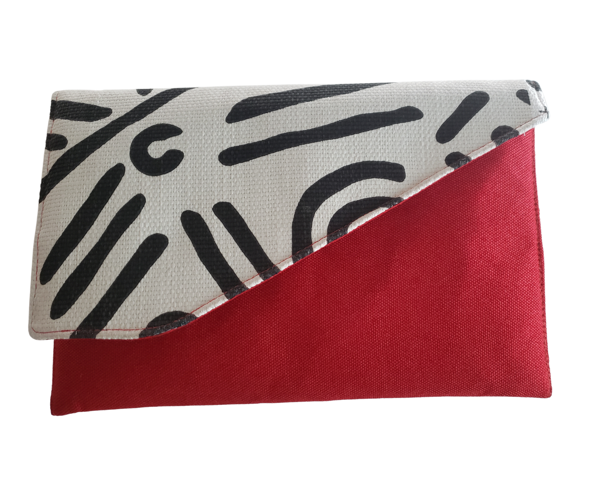 Handmade Women Clutch Purse White and red with black stripe