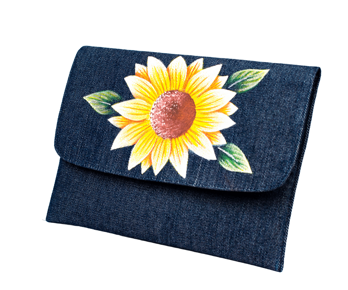 Blue Handmade Women Clutch Purse with Sunflower Paint